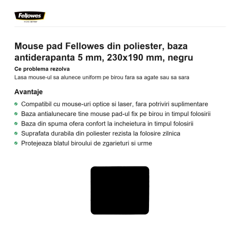 Mouse pad Fellowes din poliester, baza antiderapanta 5 mm, 230x190 mm, negru [1]