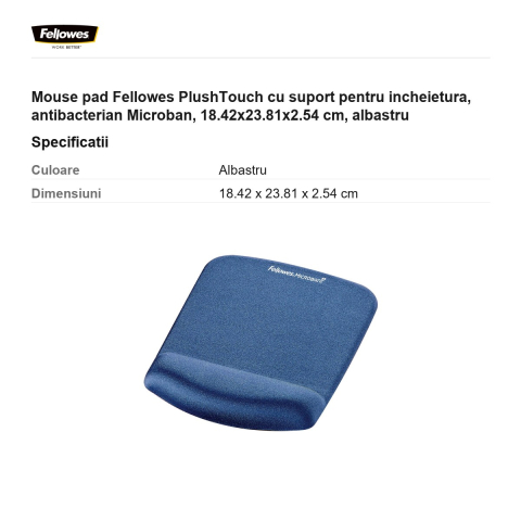 Mouse pad Fellowes PlushTouch cu suport pentru incheietura, antibacterian Microban, 18.42x23.81x2.54 cm, albastru [2]