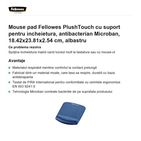 Mouse pad Fellowes PlushTouch cu suport pentru incheietura, antibacterian Microban, 18.42x23.81x2.54 cm, albastru [1]