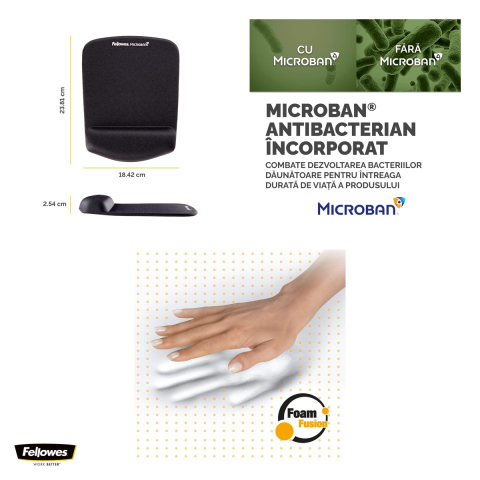 Mouse pad Fellowes PlushTouch cu suport pentru incheietura, antibacterian Microban, 18.42x23.81x2.54 cm, negru [3]