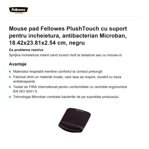 Mouse pad Fellowes PlushTouch cu suport pentru incheietura, antibacterian Microban, 18.42x23.81x2.54 cm, negru [1]