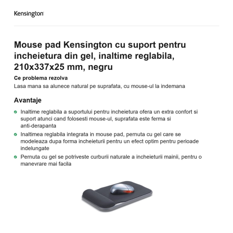 Mouse pad Kensington cu suport pentru incheietura din gel, inaltime reglabila, 210x337x25 mm, negru [1]