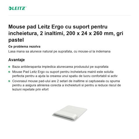 Mouse pad Leitz Ergo cu suport pentru incheietura, 2 inaltimi, 200 x 24 x 260 mm, gri pastel [1]