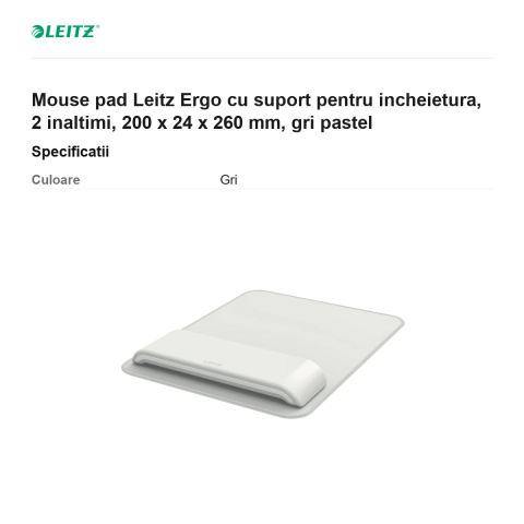 Mouse pad Leitz Ergo cu suport pentru incheietura, 2 inaltimi, 200 x 24 x 260 mm, gri pastel [2]