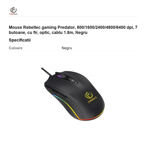 Mouse Rebeltec gaming Predator, 800/1600/2400/4800/6400 dpi, 7 butoane, cu fir, optic, cablu 1.8m, Negru [2]