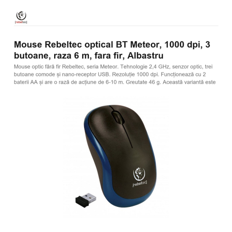 Mouse Rebeltec optical BT Meteor, 1000 dpi, 3 butoane, raza 6 m, fara fir, Albastru [1]