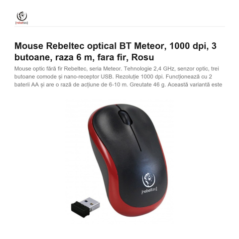 Mouse Rebeltec optical BT Meteor, 1000 dpi, 3 butoane, raza 6 m, fara fir, Rosu [1]