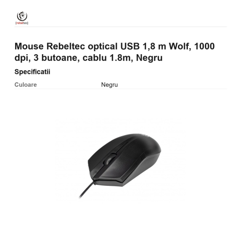Mouse Rebeltec optical USB 1,8 m Wolf, 1000 dpi, 3 butoane, cablu 1.8m, Negru [2]