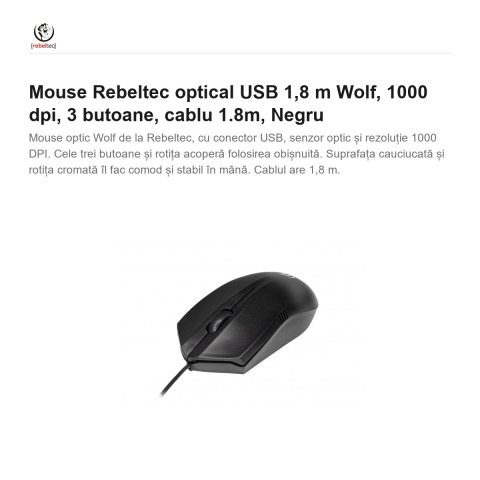 Mouse Rebeltec optical USB 1,8 m Wolf, 1000 dpi, 3 butoane, cablu 1.8m, Negru [1]