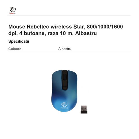 Mouse Rebeltec wireless Star, 800/1000/1600 dpi, 4 butoane, raza 10 m, Albastru [2]