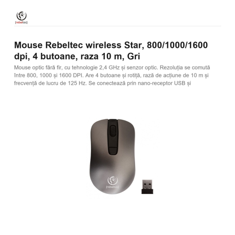 Mouse Rebeltec wireless Star, 800/1000/1600 dpi, 4 butoane, raza 10 m, Gri [1]