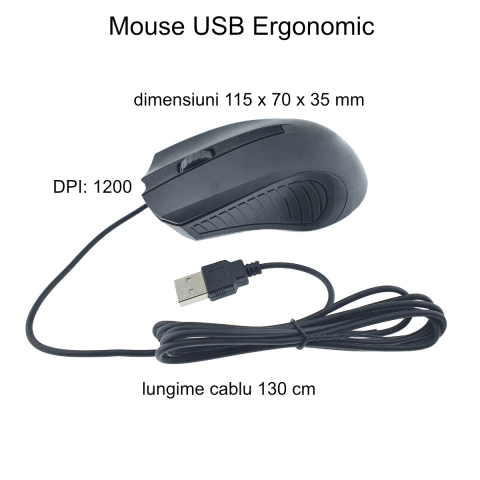 Mouse USB Ergonomic 1200 DPI Cablu 130 cm Negru, dimensiuni 115 x 70 x 35 mm [5]