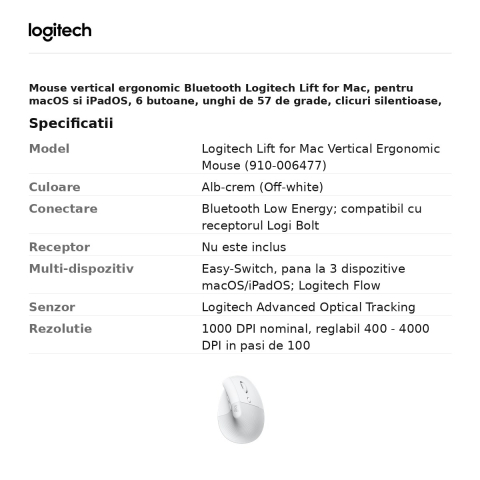 Mouse vertical ergonomic Bluetooth Logitech Lift for Mac, pentru macOS si iPadOS, 6 butoane, unghi de 57 de grade, clicuri silentioase, Easy-Switch 3 dispozitive, alb-crem, 910-006477 [2]