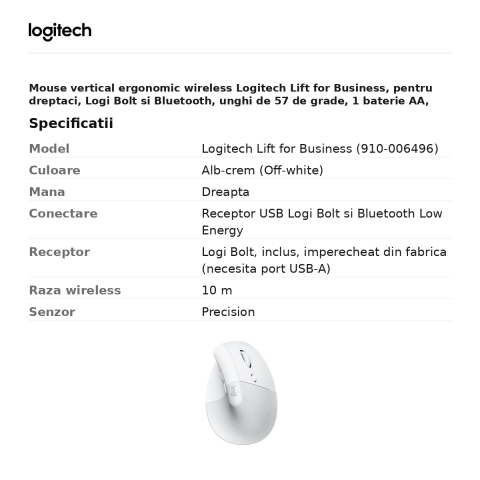 Mouse vertical ergonomic wireless Logitech Lift for Business, pentru dreptaci, Logi Bolt si Bluetooth, unghi de 57 de grade, 1 baterie AA, alb-crem, 910-006496 [2]