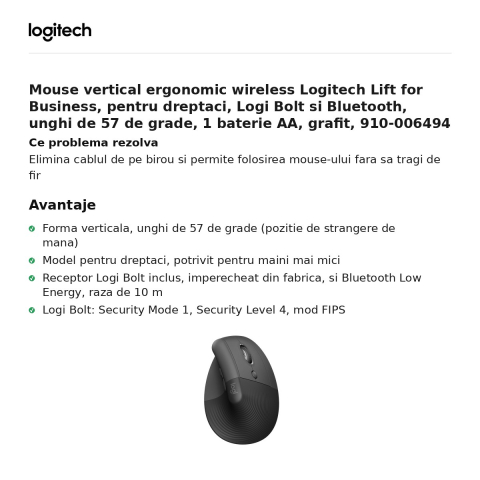 Mouse vertical ergonomic wireless Logitech Lift for Business, pentru dreptaci, Logi Bolt si Bluetooth, unghi de 57 de grade, 1 baterie AA, grafit, 910-006494 [1]