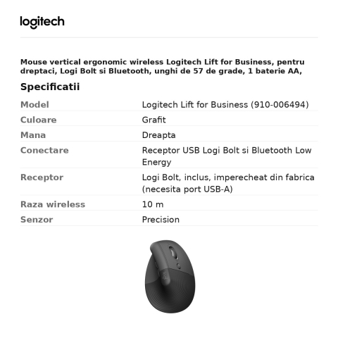 Mouse vertical ergonomic wireless Logitech Lift for Business, pentru dreptaci, Logi Bolt si Bluetooth, unghi de 57 de grade, 1 baterie AA, grafit, 910-006494 [2]