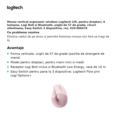 Mouse vertical ergonomic wireless Logitech Lift, pentru dreptaci, 6 butoane, Logi Bolt si Bluetooth, unghi de 57 de grade, clicuri silentioase, Easy-Switch 3 dispozitive, roz, 910-006478 [1]