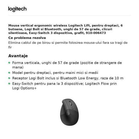 Mouse vertical ergonomic wireless Logitech Lift, pentru dreptaci, 6 butoane, Logi Bolt si Bluetooth, unghi de 57 de grade, clicuri silentioase, Easy-Switch 3 dispozitive, grafit, 910-006473 [1]