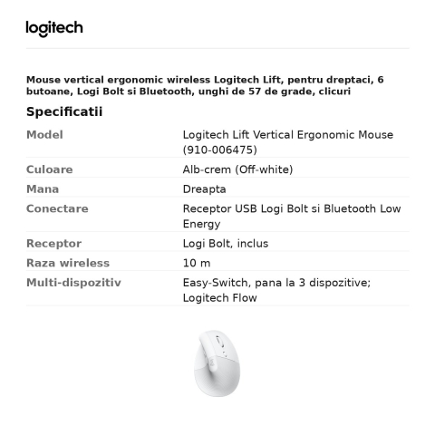 Mouse vertical ergonomic wireless Logitech Lift, pentru dreptaci, 6 butoane, Logi Bolt si Bluetooth, unghi de 57 de grade, clicuri silentioase, Easy-Switch 3 dispozitive, alb-crem, 910-006475 [2]