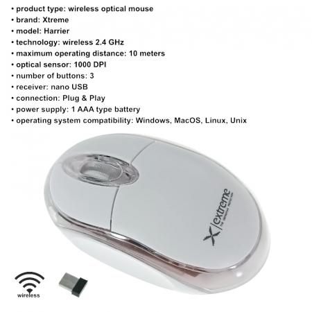 Mouse wireless 2.4 GHz, Xtreme Harrier, 1000 DPI, cu 3 butoane, 95 x 55 x 32 mm, receptor nano USB, alb [6]