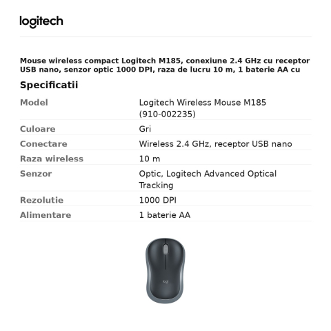 Mouse wireless compact Logitech M185, conexiune 2.4 GHz cu receptor USB nano, senzor optic 1000 DPI, 3 butoane, raza de lucru 10 m, 1 baterie AA, forma ambidextra, gri, 910-002235 [2]