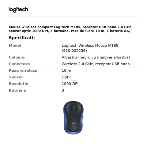 Mouse wireless compact Logitech M185, receptor USB nano 2.4 GHz, senzor optic 1000 DPI, 3 butoane, raza de lucru 10 m, 1 baterie AA, ambidextru, albastru, 910-002236 [2]