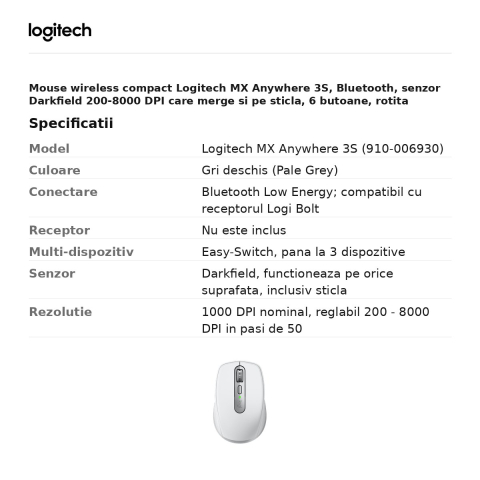Mouse wireless compact Logitech MX Anywhere 3S, Bluetooth, senzor Darkfield 200-8000 DPI care merge si pe sticla, 6 butoane, rotita MagSpeed, acumulator USB-C, gri deschis, 910-006930 [2]