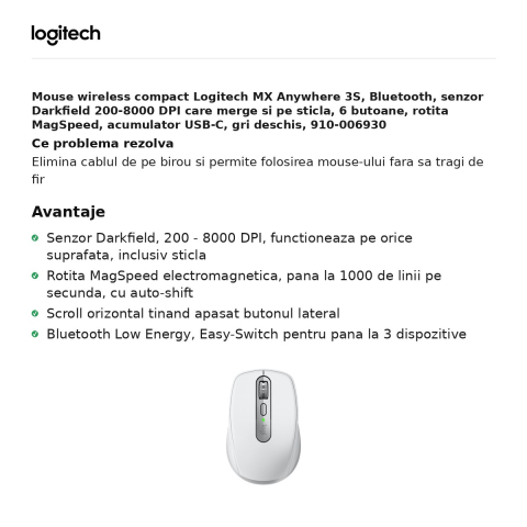 Mouse wireless compact Logitech MX Anywhere 3S, Bluetooth, senzor Darkfield 200-8000 DPI care merge si pe sticla, 6 butoane, rotita MagSpeed, acumulator USB-C, gri deschis, 910-006930 [1]