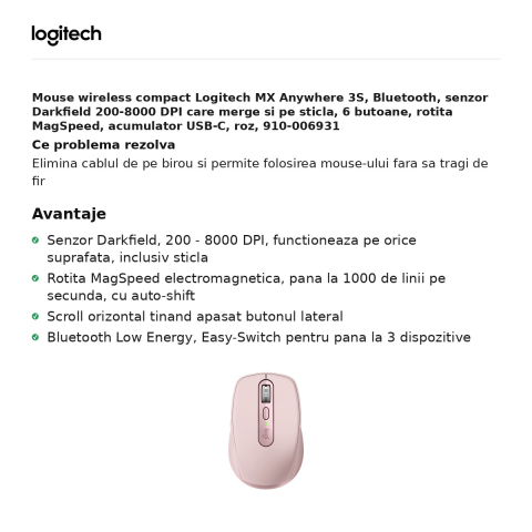 Mouse wireless compact Logitech MX Anywhere 3S, Bluetooth, senzor Darkfield 200-8000 DPI care merge si pe sticla, 6 butoane, rotita MagSpeed, acumulator USB-C, roz, 910-006931 [1]
