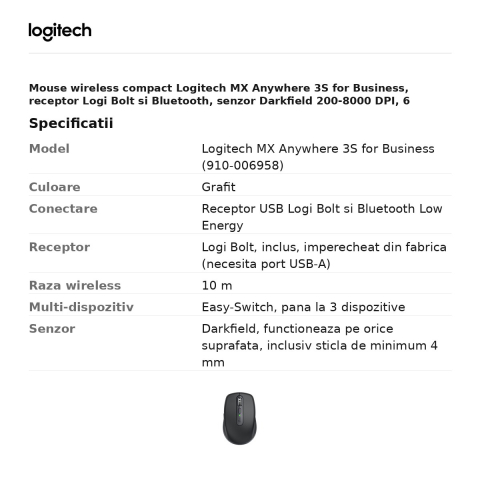 Mouse wireless compact Logitech MX Anywhere 3S for Business, receptor Logi Bolt si Bluetooth, senzor Darkfield 200-8000 DPI, 6 butoane, rotita MagSpeed, acumulator USB-C, grafit, 910-006958 [2]