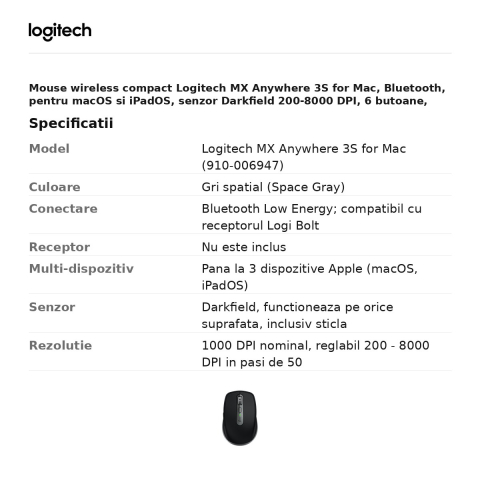 Mouse wireless compact Logitech MX Anywhere 3S for Mac, Bluetooth, pentru macOS si iPadOS, senzor Darkfield 200-8000 DPI, 6 butoane, rotita MagSpeed, gri spatial, 910-006947 [2]