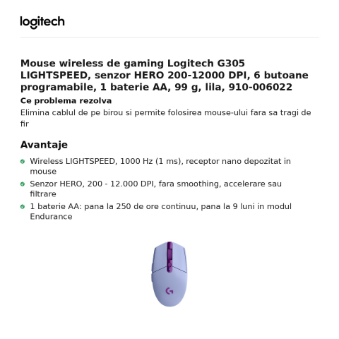 Mouse wireless de gaming Logitech G305 LIGHTSPEED, senzor HERO 200-12000 DPI, 6 butoane programabile, 1 baterie AA, 99 g, lila, 910-006022 [1]