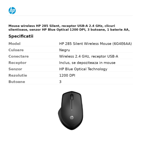 Mouse wireless HP 285 Silent, receptor USB-A 2.4 GHz, clicuri silentioase, senzor HP Blue Optical 1200 DPI, 3 butoane, 1 baterie AA, negru, 6G4E6AA [2]