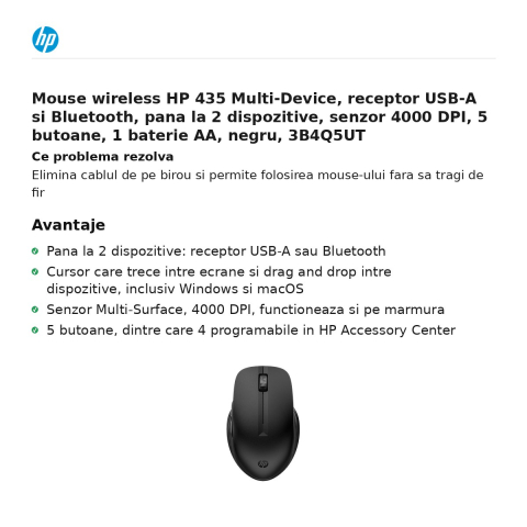 Mouse wireless HP 435 Multi-Device, receptor USB-A si Bluetooth, pana la 2 dispozitive, senzor 4000 DPI, 5 butoane, 1 baterie AA, negru, 3B4Q5UT [1]