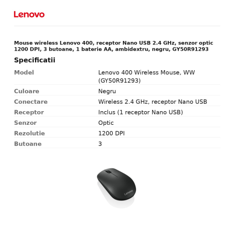 Mouse wireless Lenovo 400, receptor Nano USB 2.4 GHz, senzor optic 1200 DPI, 3 butoane, 1 baterie AA, ambidextru, negru, GY50R91293 [2]