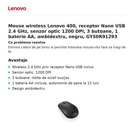 Mouse wireless Lenovo 400, receptor Nano USB 2.4 GHz, senzor optic 1200 DPI, 3 butoane, 1 baterie AA, ambidextru, negru, GY50R91293 [1]