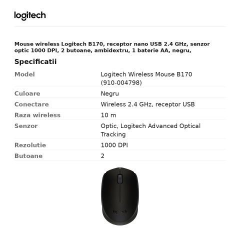 Mouse wireless Logitech B170, receptor nano USB 2.4 GHz, senzor optic 1000 DPI, 2 butoane, ambidextru, 1 baterie AA, negru, 910-004798 [2]