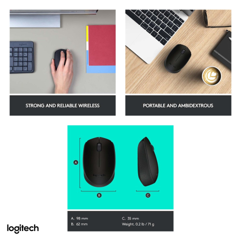 Mouse wireless Logitech B170, receptor nano USB 2.4 GHz, senzor optic 1000 DPI, 2 butoane, ambidextru, 1 baterie AA, negru, 910-004798 [4]