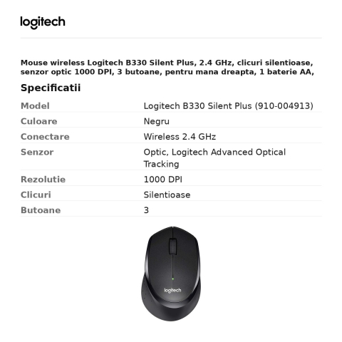 Mouse wireless Logitech B330 Silent Plus, 2.4 GHz, clicuri silentioase, senzor optic 1000 DPI, 3 butoane, pentru mana dreapta, 1 baterie AA, negru, 910-004913 [2]