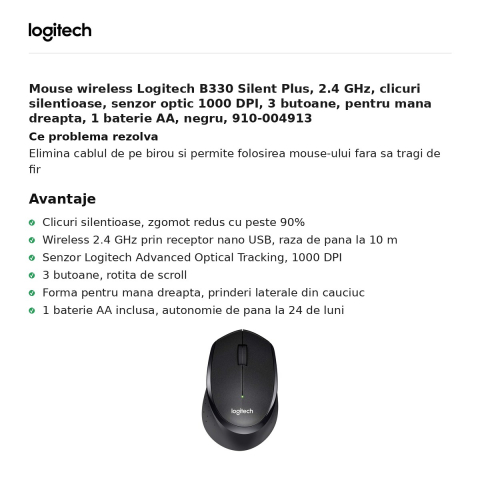 Mouse wireless Logitech B330 Silent Plus, 2.4 GHz, clicuri silentioase, senzor optic 1000 DPI, 3 butoane, pentru mana dreapta, 1 baterie AA, negru, 910-004913 [1]