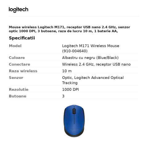 Mouse wireless Logitech M171, receptor USB nano 2.4 GHz, senzor optic 1000 DPI, 3 butoane, raza de lucru 10 m, 1 baterie AA, ambidextru, albastru cu negru, 910-004640 [2]