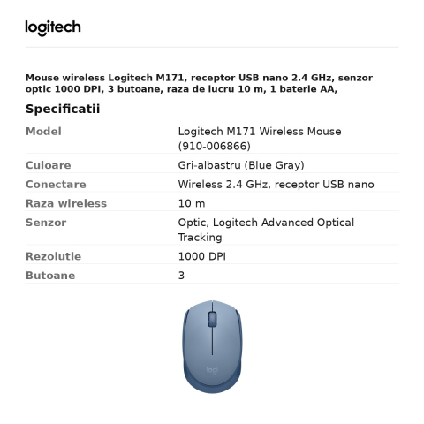 Mouse wireless Logitech M171, receptor USB nano 2.4 GHz, senzor optic 1000 DPI, 3 butoane, raza de lucru 10 m, 1 baterie AA, ambidextru, gri-albastru, 910-006866 [2]