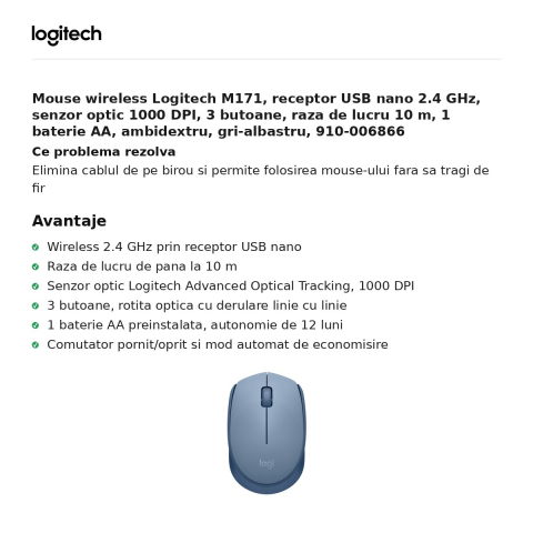 Mouse wireless Logitech M171, receptor USB nano 2.4 GHz, senzor optic 1000 DPI, 3 butoane, raza de lucru 10 m, 1 baterie AA, ambidextru, gri-albastru, 910-006866 [1]