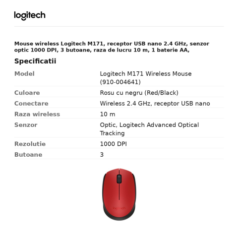 Mouse wireless Logitech M171, receptor USB nano 2.4 GHz, senzor optic 1000 DPI, 3 butoane, raza de lucru 10 m, 1 baterie AA, ambidextru, rosu cu negru, 910-004641 [2]
