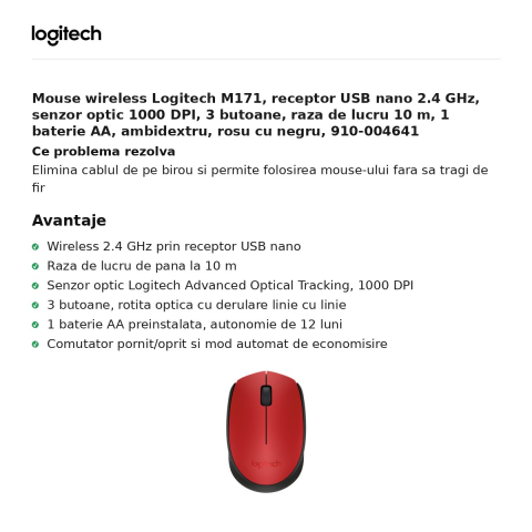 Mouse wireless Logitech M171, receptor USB nano 2.4 GHz, senzor optic 1000 DPI, 3 butoane, raza de lucru 10 m, 1 baterie AA, ambidextru, rosu cu negru, 910-004641 [1]