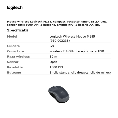 Mouse wireless Logitech M185, compact, receptor nano USB 2.4 GHz, senzor optic 1000 DPI, 3 butoane, ambidextru, 1 baterie AA, gri, 910-002238 [2]