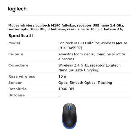 Mouse wireless Logitech M190 full-size, receptor USB nano 2.4 GHz, senzor optic 1000 DPI, 3 butoane, raza de lucru 10 m, 1 baterie AA, ambidextru, albastru, 910-005907 [2]