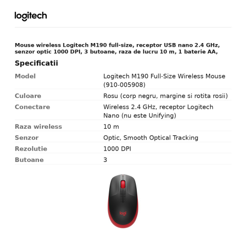 Mouse wireless Logitech M190 full-size, receptor USB nano 2.4 GHz, senzor optic 1000 DPI, 3 butoane, raza de lucru 10 m, 1 baterie AA, ambidextru, rosu, 910-005908 [2]