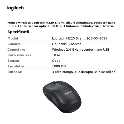 Mouse wireless Logitech M220 Silent, clicuri silentioase, receptor nano USB 2.4 GHz, senzor optic 1000 DPI, 3 butoane, ambidextru, 1 baterie AA, gri inchis, 910-004878 [2]