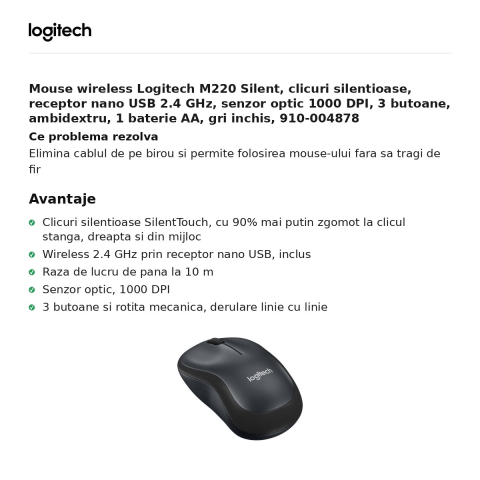 Mouse wireless Logitech M220 Silent, clicuri silentioase, receptor nano USB 2.4 GHz, senzor optic 1000 DPI, 3 butoane, ambidextru, 1 baterie AA, gri inchis, 910-004878 [1]